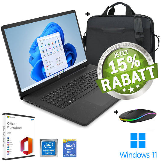 HP 17" HD+ Notebook ~ Intel Pentium Silver QUAD 4x 3,1GHz ~ 8 GB RAM│256 GB SSD│Win11 Pro.│MS Office 2021